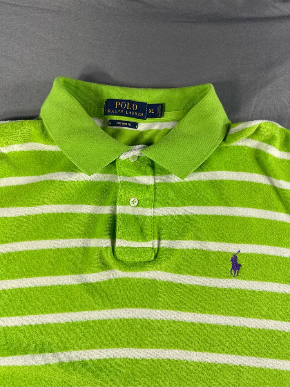 Polo by Ralph Lauren Neon Green White Striped Polo with Purple Logo Terry Cloth